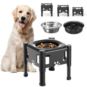 Pawque Elevated Slow Feeder Bowls - Adjustable Raised Dog & Cat Bowl with 3 Heights (6.1", 7.7", 9.3") for Medium & Small Pets, Mess Proof & Non-Slip Dish Feeder